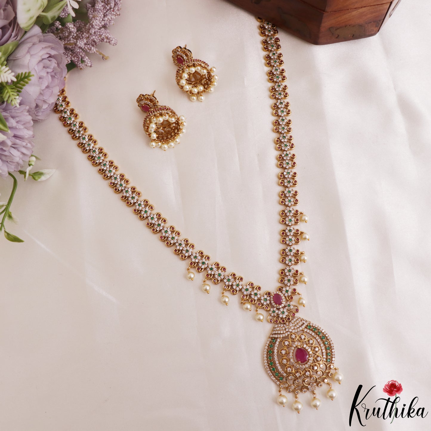 Sparkling Floral Motifs CZ Victorian Haaram With Pearl Drops LH2173