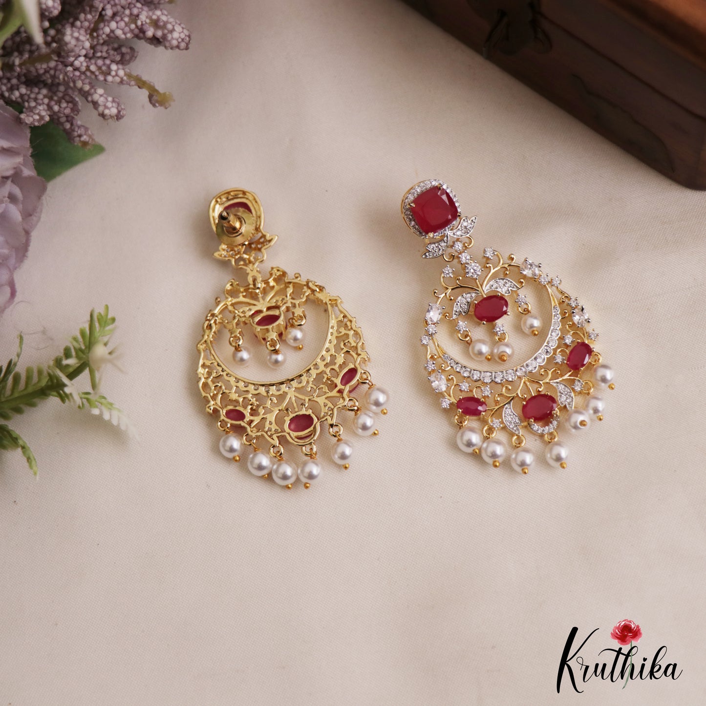 Stunning Floral Motifs AD Victorian Chandbali Earrings With Pearl Drops E1119 (Available In 2 Colors)
