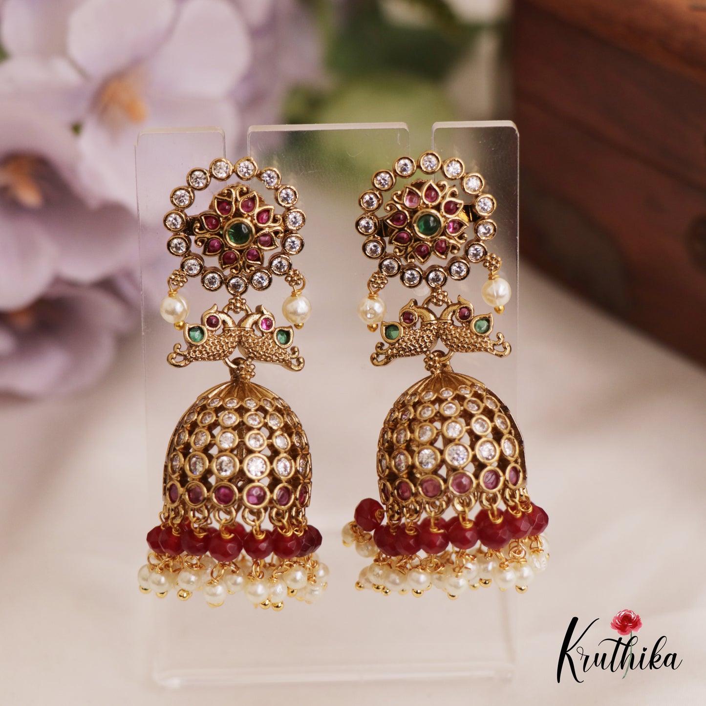 Gorgeous Floral Peacock Motifs Jadau Jhumka With Bead Drops E1000 (Available In 2 Colors)
