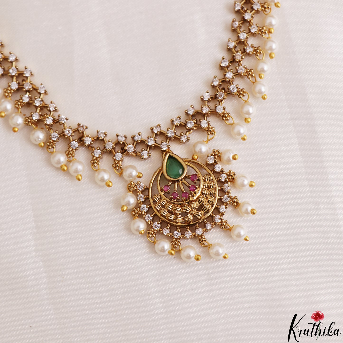 Elegant Gold-Tone Diamond-Finish CZ Necklace With Pearl Drops NC3207