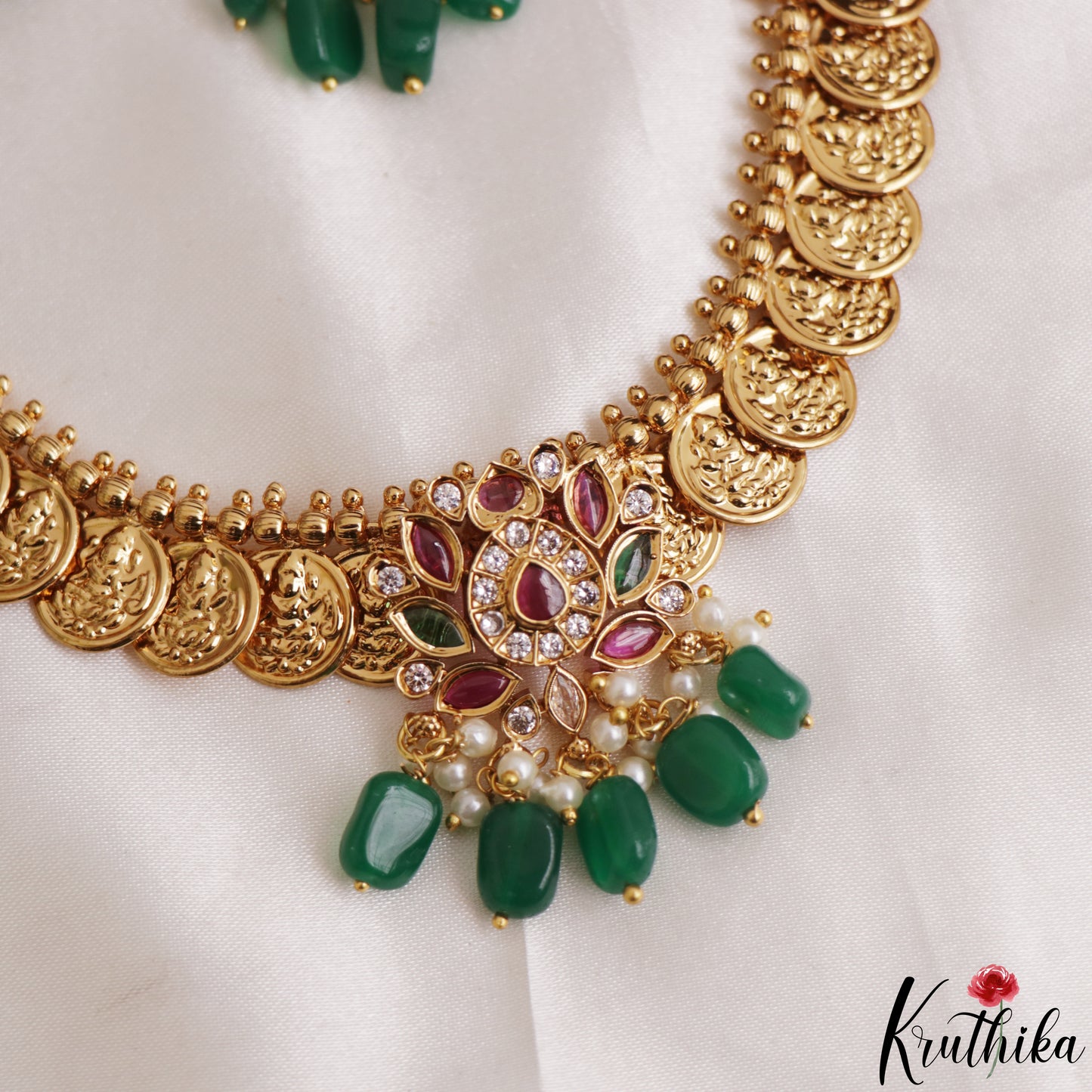 Elegant Floral Motifs Lakshmi Kasu Necklace With Green Bead Drops NC3123