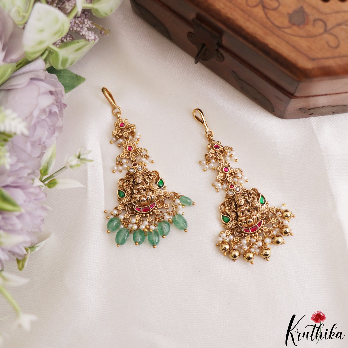 Trendy Antique Lakshmi Peacock Motifs Jadau Maang Tikka With Pearl Bead Drops MT400 (Available In 4 Colors)