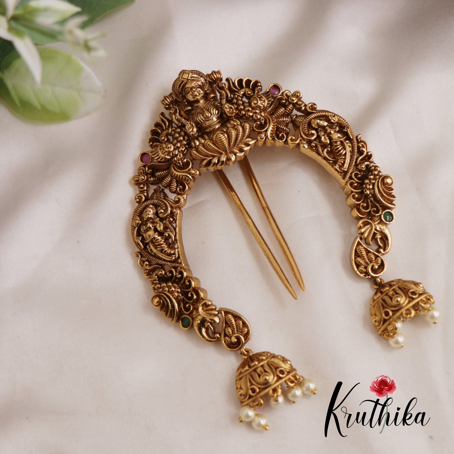 Stunning Antique Lakshmi Half moon shape Motifs Jada Billa With Jhumka Pearl Drops J296