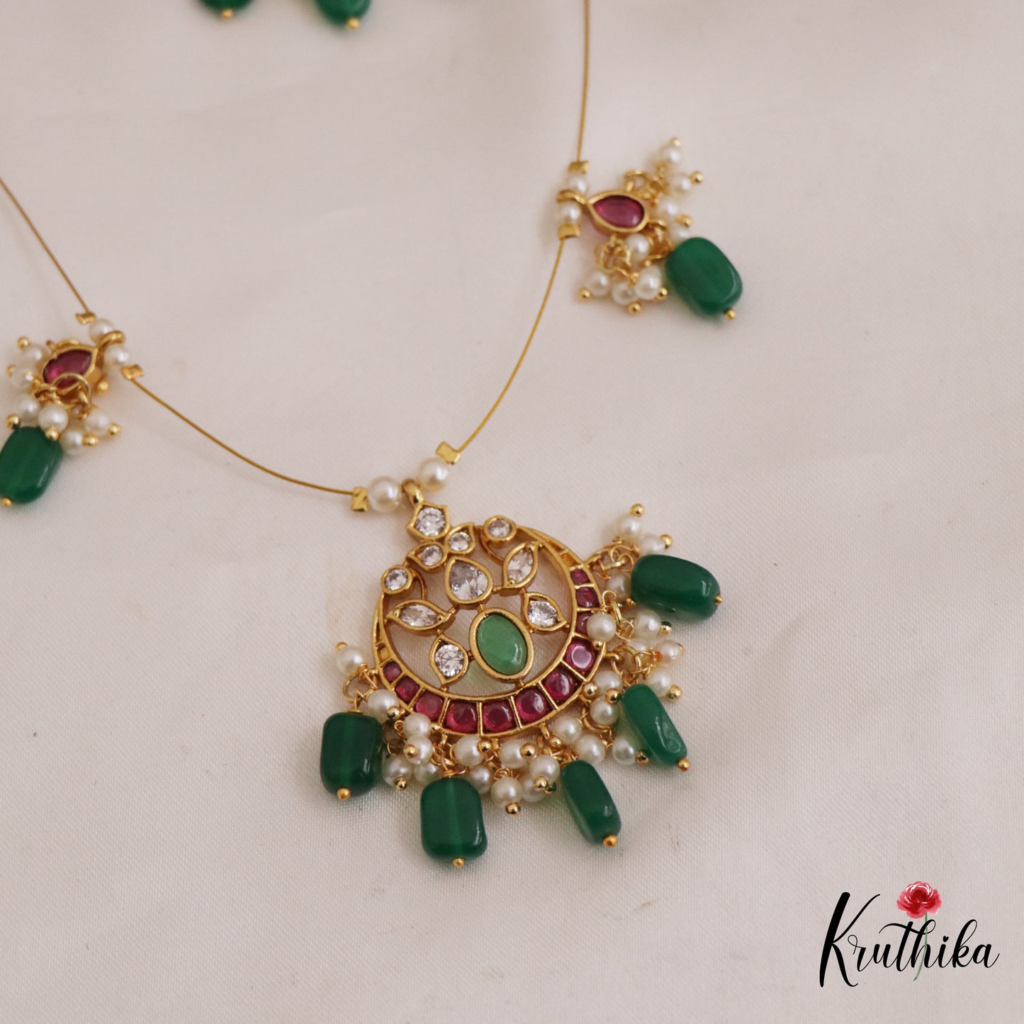 Elepant Kemp Invisible Chain Chandbali Pendant With Green Beads Drop NC2647