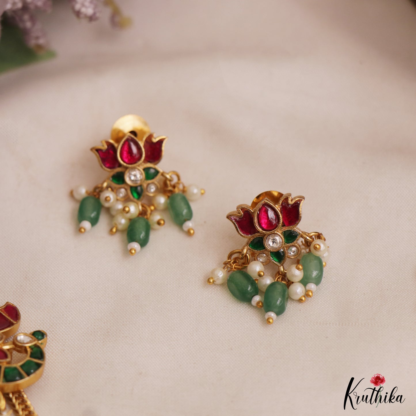 Pretty Lotus Peacock Motifs Jadau Necklace With Green Bead Drops NC3029