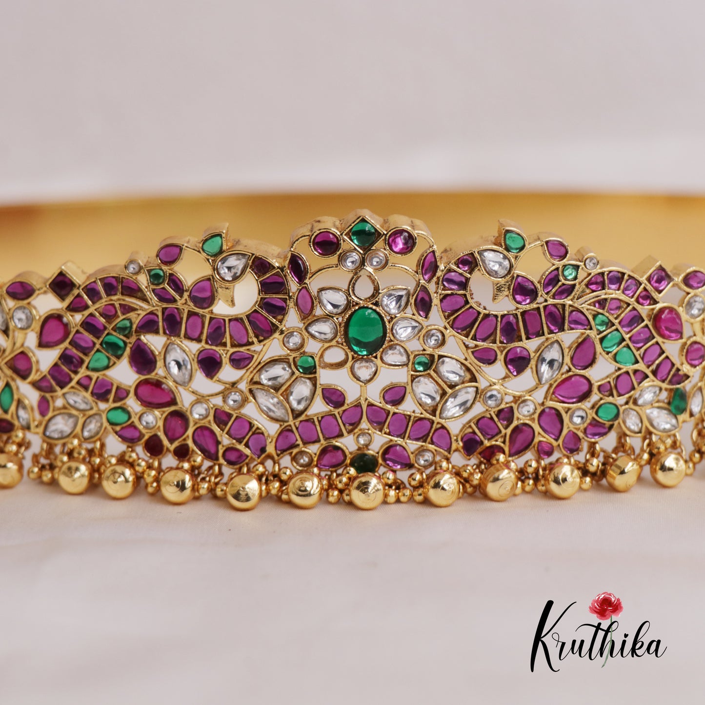 Gorgeous Peacock Floral Jadau Hip Belt With Pearl And Bead Drops V326 (Available In 2 Colors)