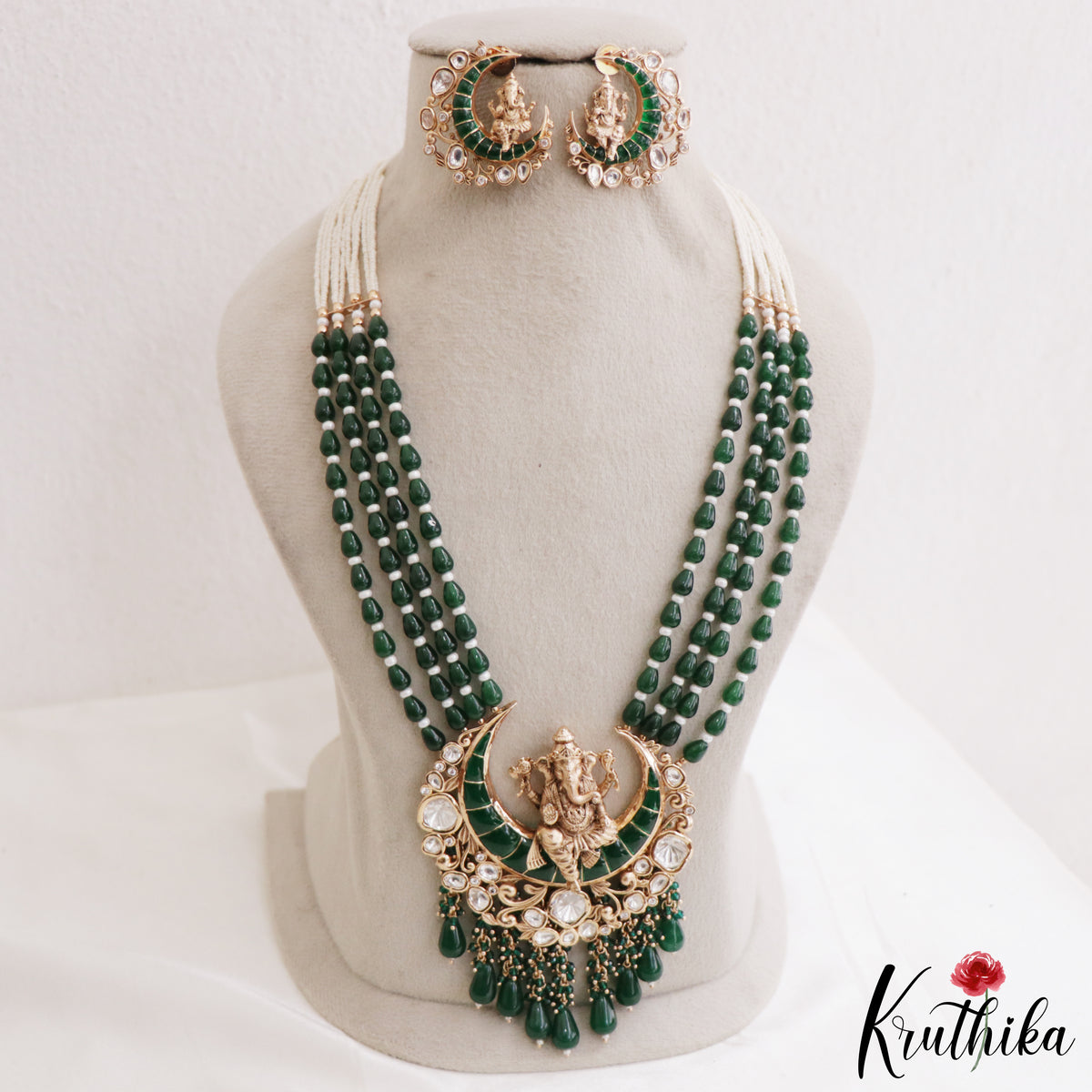 Premium Kundan Ganesha Green Beaded Necklace Set LH2223