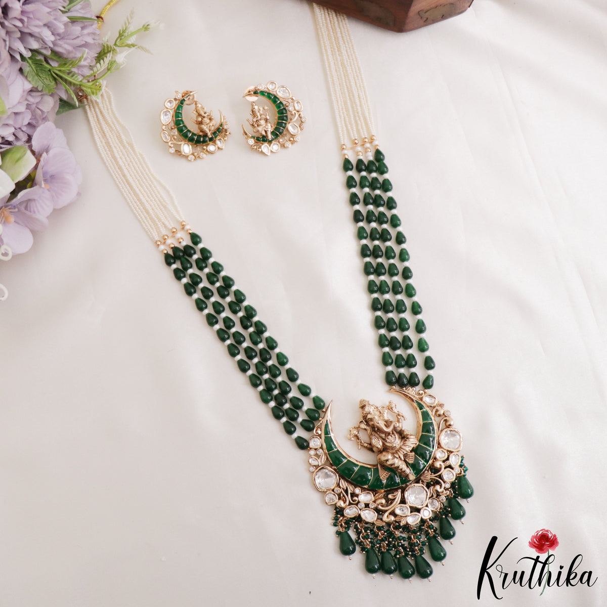 Premium Kundan Ganesha Green Beaded Necklace Set LH2223