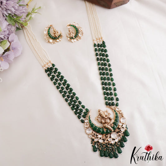 Premium Kundan Ganesha Green Beaded Haaram Set LH2223