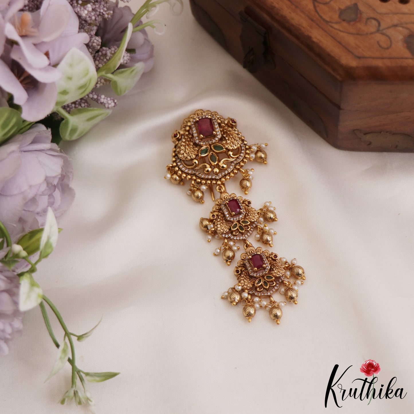 Classic Antique Peacock Motifs Kemp Jada Billa With Golden Bead Drops J313