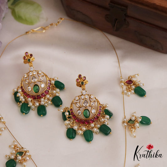 Elepant Kemp Invisible Chain Chandbali Pendant With Green Beads Drop NC2647