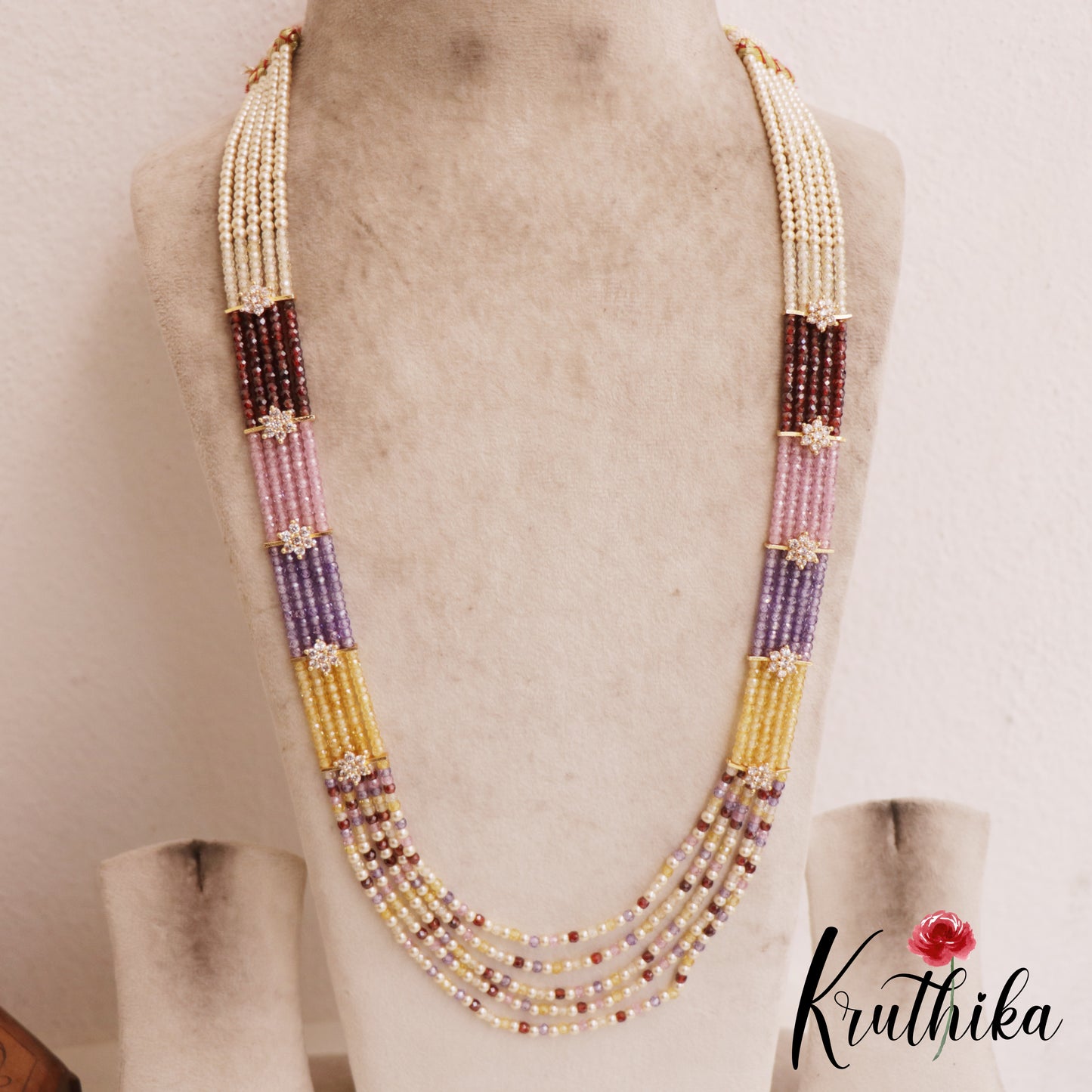 Sparkling Multi Layered crystal & Pearl statement Haaram with floral accents LH2081