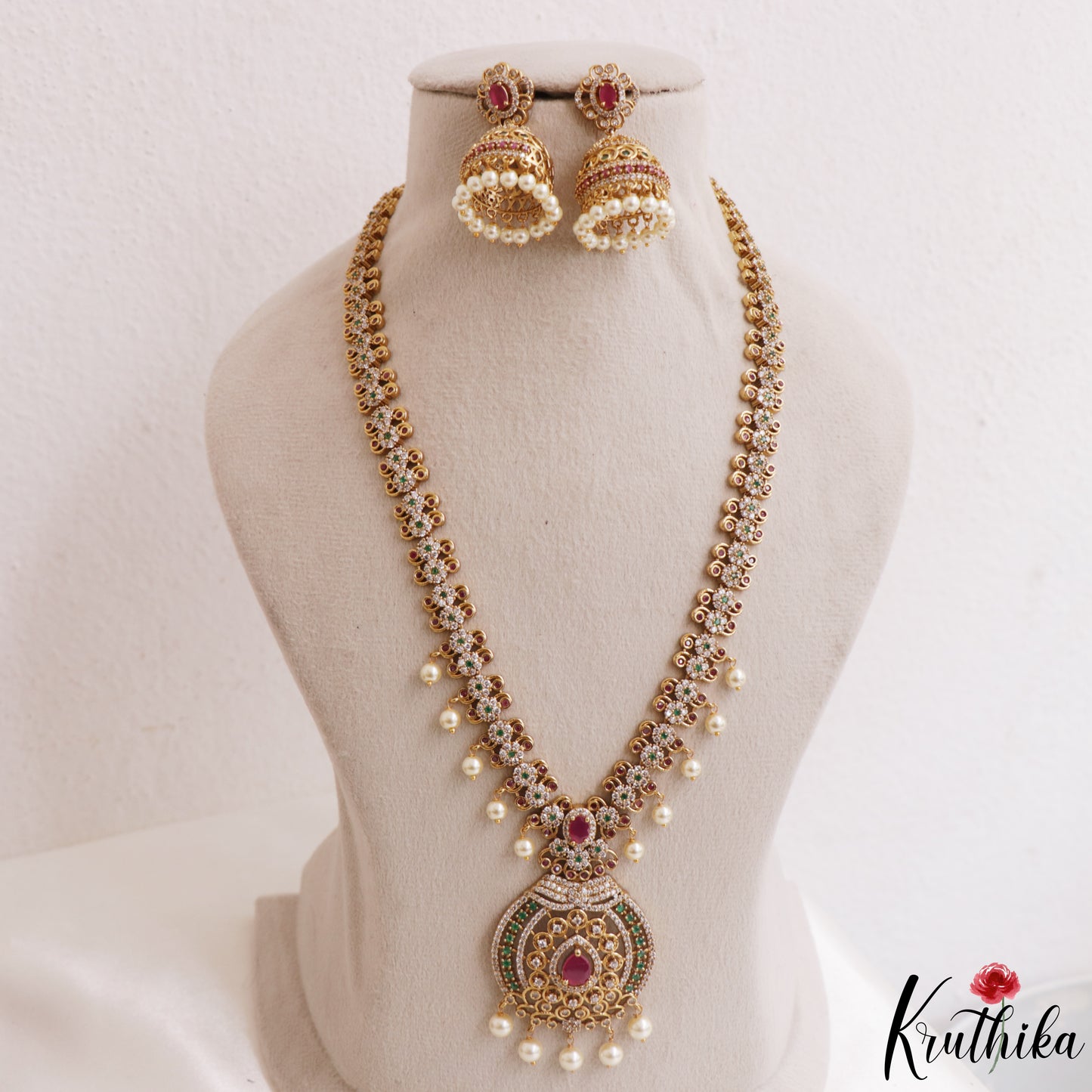 Sparkling Floral Motifs CZ Victorian Haaram With Pearl Drops LH2173