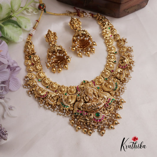 Premium Jadau Antique Lakshmi Peacock Necklace with Beads NC2528 (Available In 2 Colours)