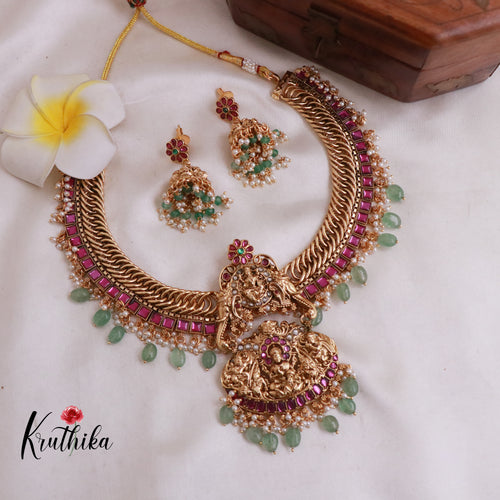 Royal Jadau Temple Jalebi style necklace with mint beads NC1887
