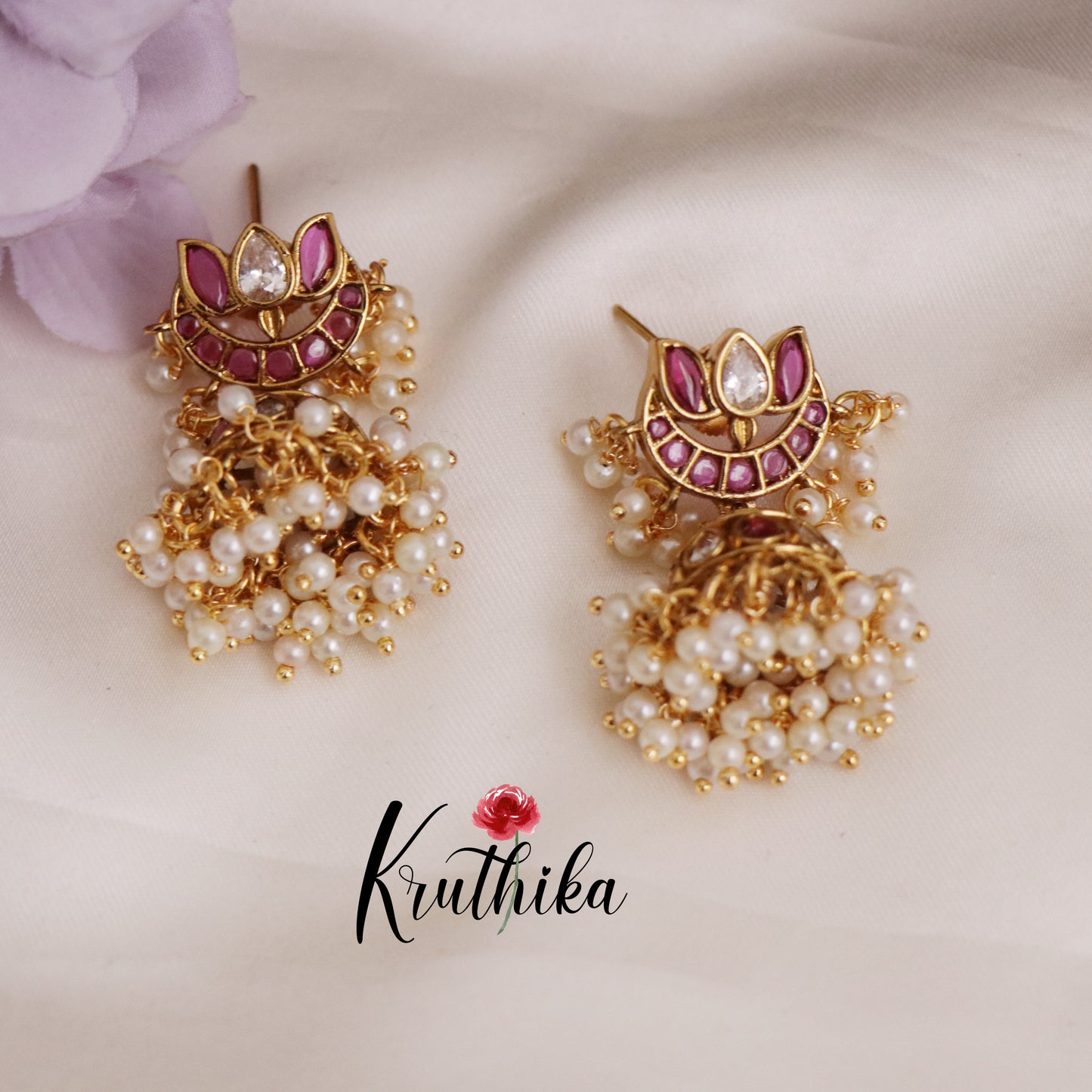 Beautiful Kemp Lotus Pearl Drop Jhumkas E686 (available in 3 Colors)