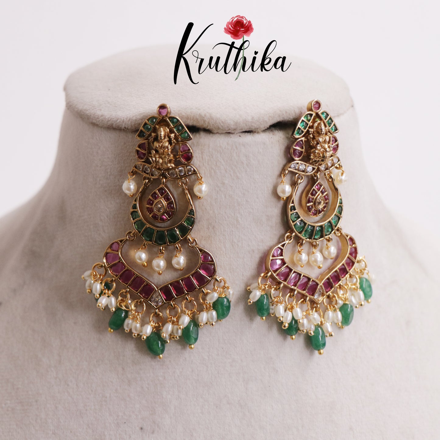 Beautiful Kemp Lakshmi Teardrop With Bead And Pearl Drops Earrings E803