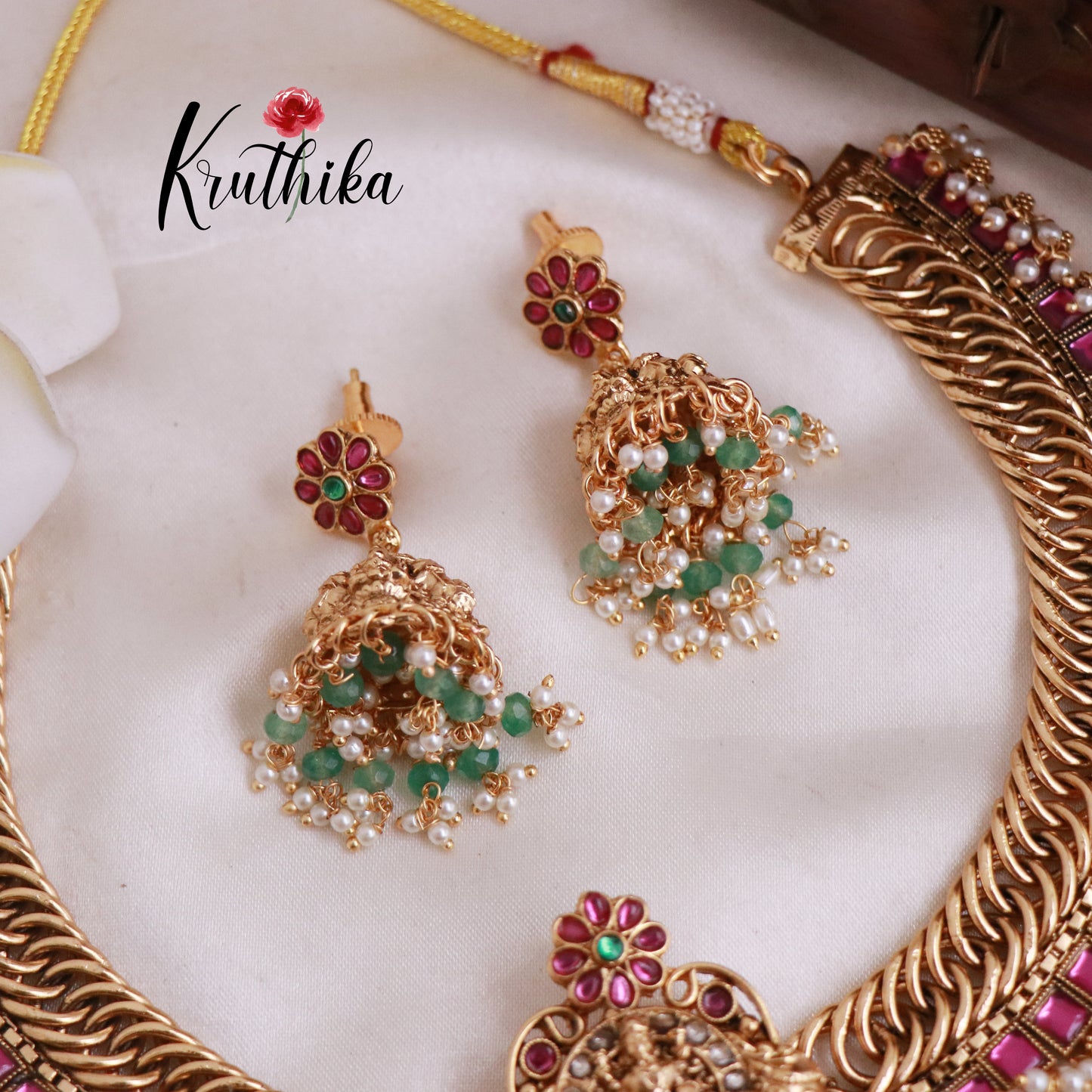 Royal Jadau Temple Jalebi style necklace with mint beads NC1887