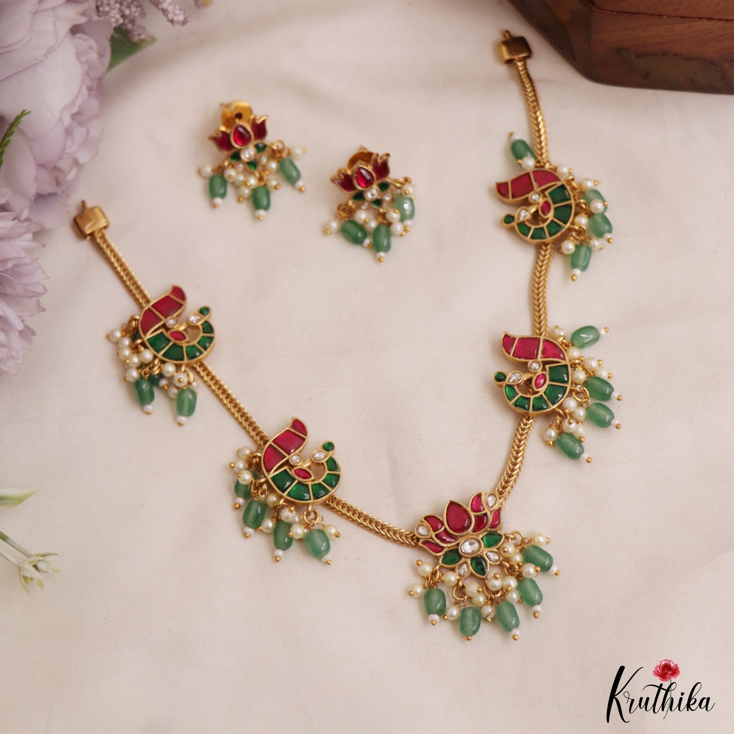 Pretty Lotus Peacock Motifs Jadau Necklace With Green Bead Drops NC3029