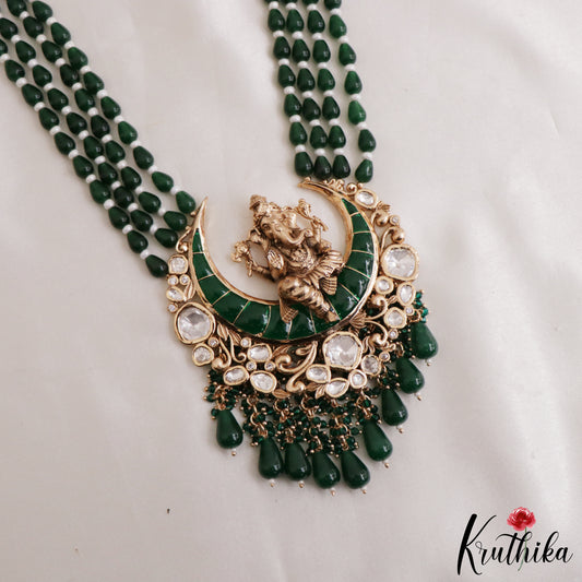 Premium Kundan Ganesha Green Beaded Haaram Set LH2223