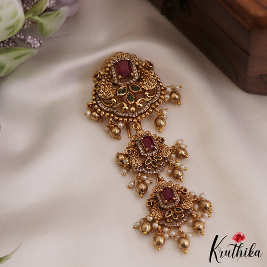 Classic Antique Peacock Motifs Kemp Jada Billa With Golden Bead Drops J313