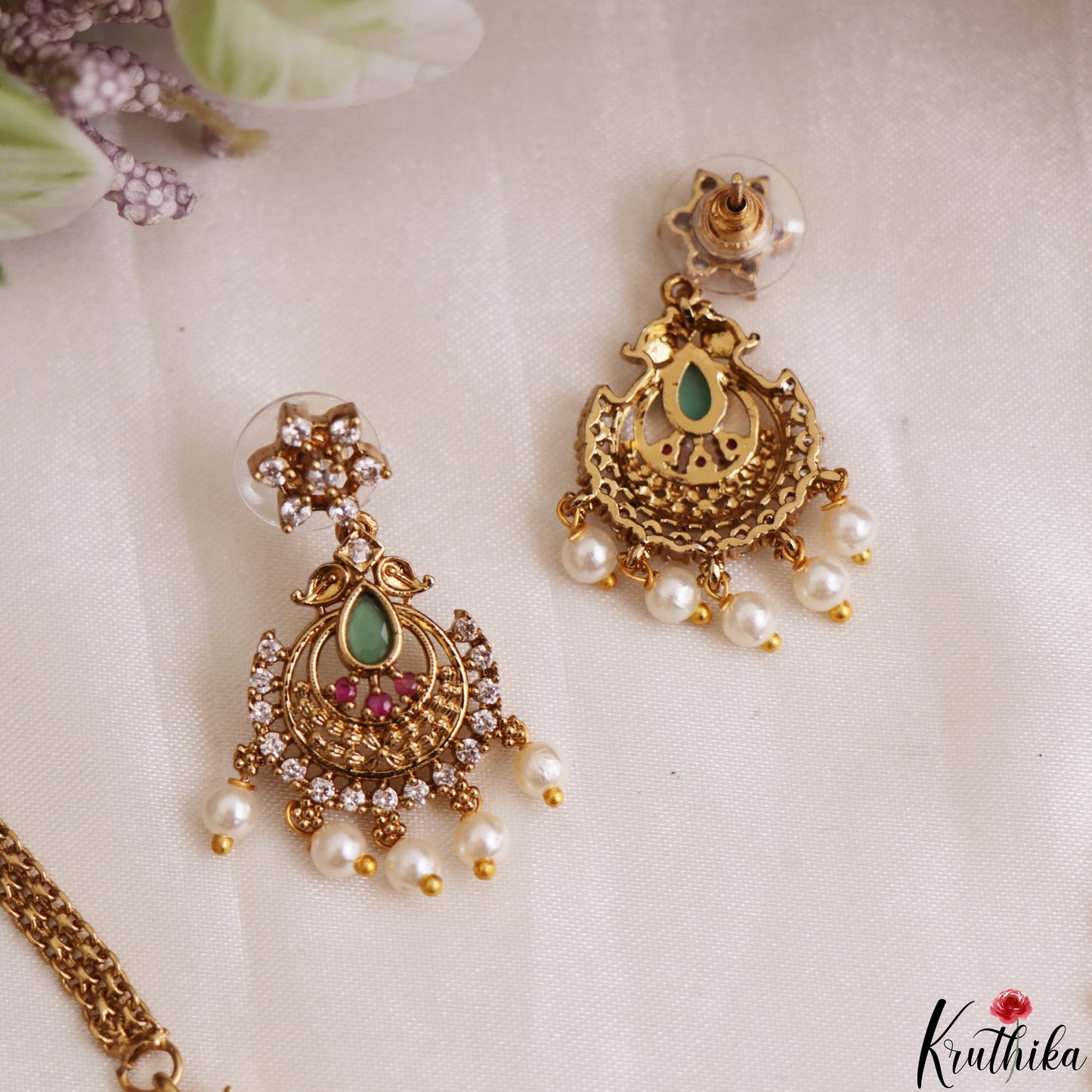 Elegant Gold-Tone Diamond-Finish CZ Necklace With Pearl Drops NC3207