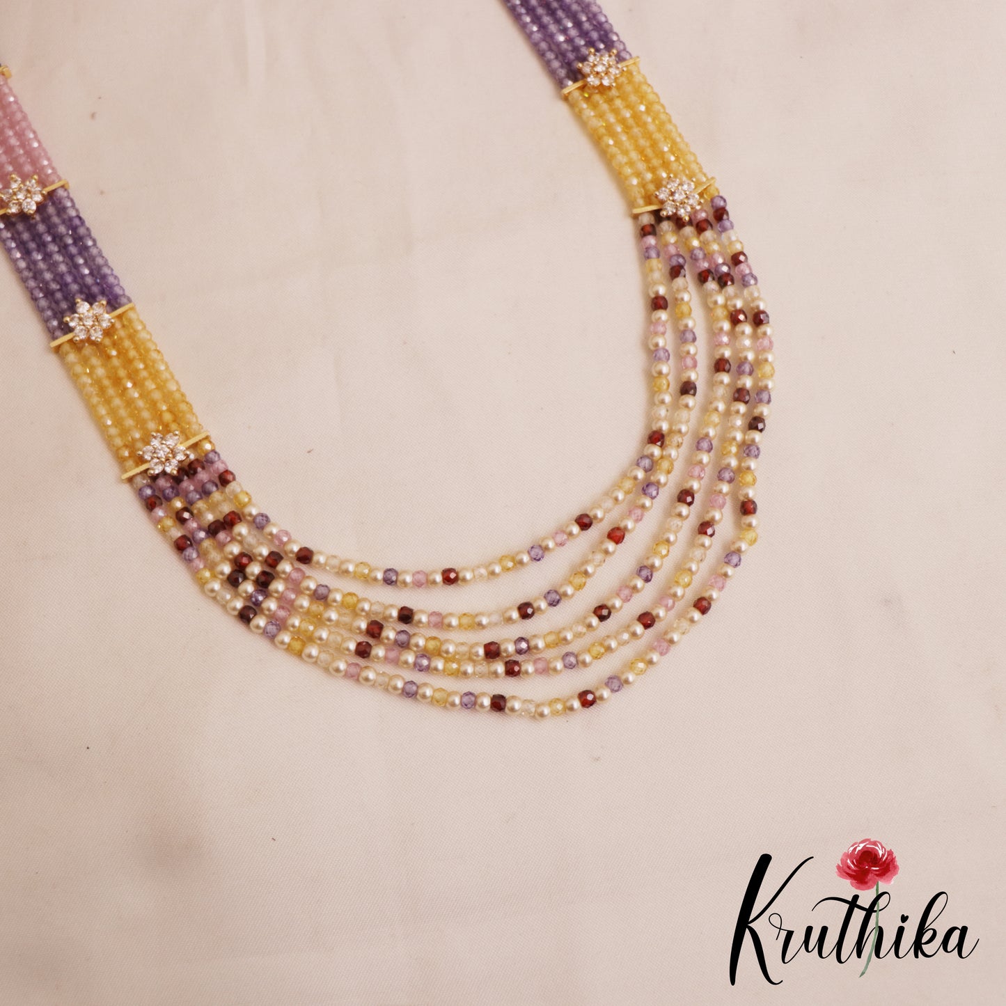 Sparkling Multi Layered crystal & Pearl statement Haaram with floral accents LH2081