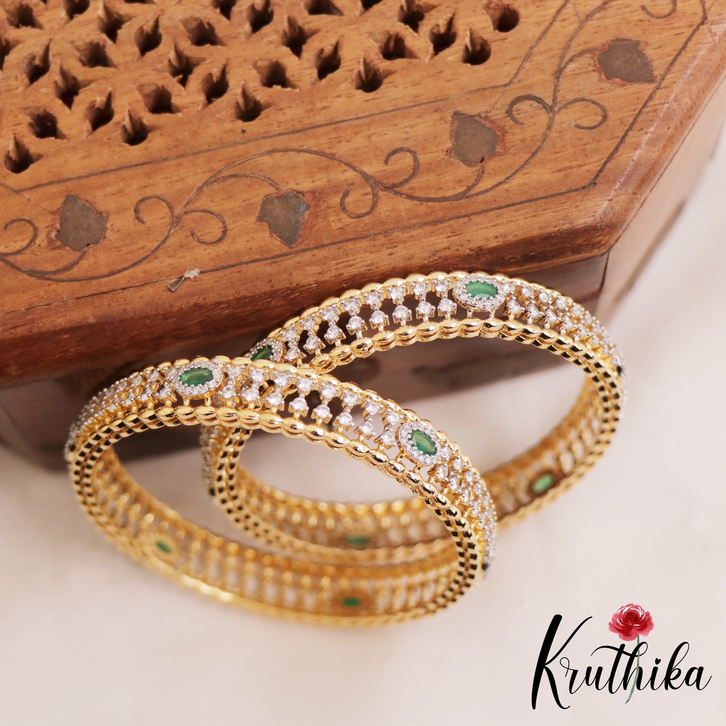 Beautiful Diamond-Finish Gold-Tone AD Bangles B521 (Set of 2)|(Available In 2 Colors)