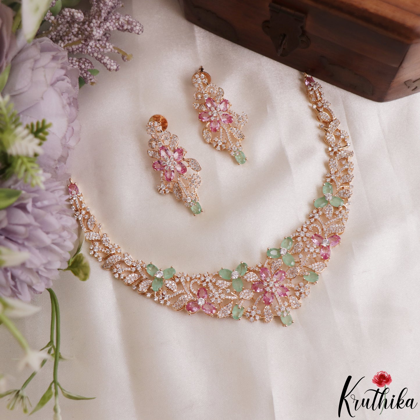 Gorgeous Floral Leaf Motifs CZ Victorian Necklace NC3126