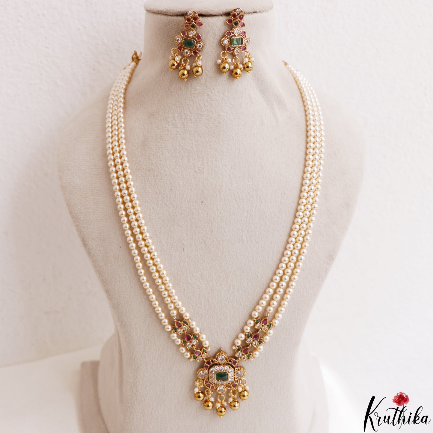 Elegant Multi Strand Pearl Chain With Kemp Square Teardrop Motifs Pendant LH2195 (Available In 3 Colors)