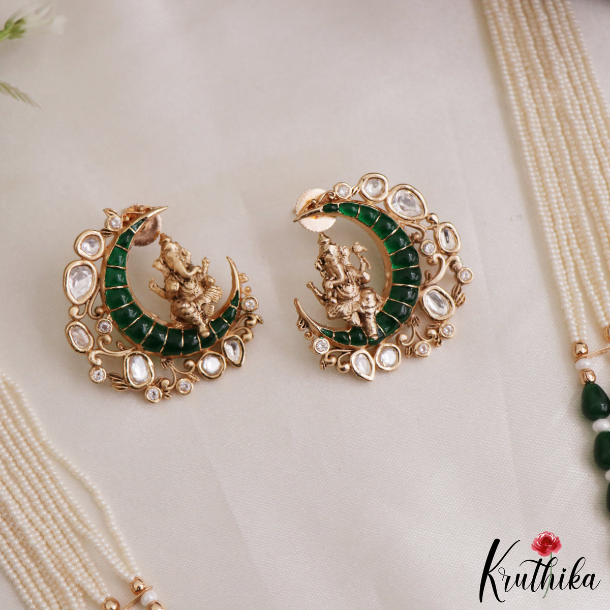 Premium Kundan Ganesha Green Beaded Necklace Set LH2223