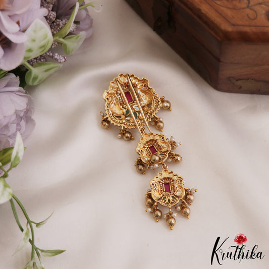 Classic Antique Peacock Motifs Kemp Jada Billa With Golden Bead Drops J313