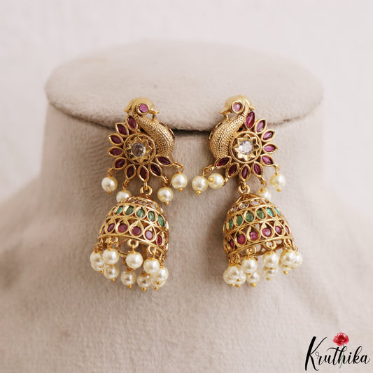Classic Peacock Motifs Jhumkas With Pearl Drops E1214 (Available In 2 Colors)