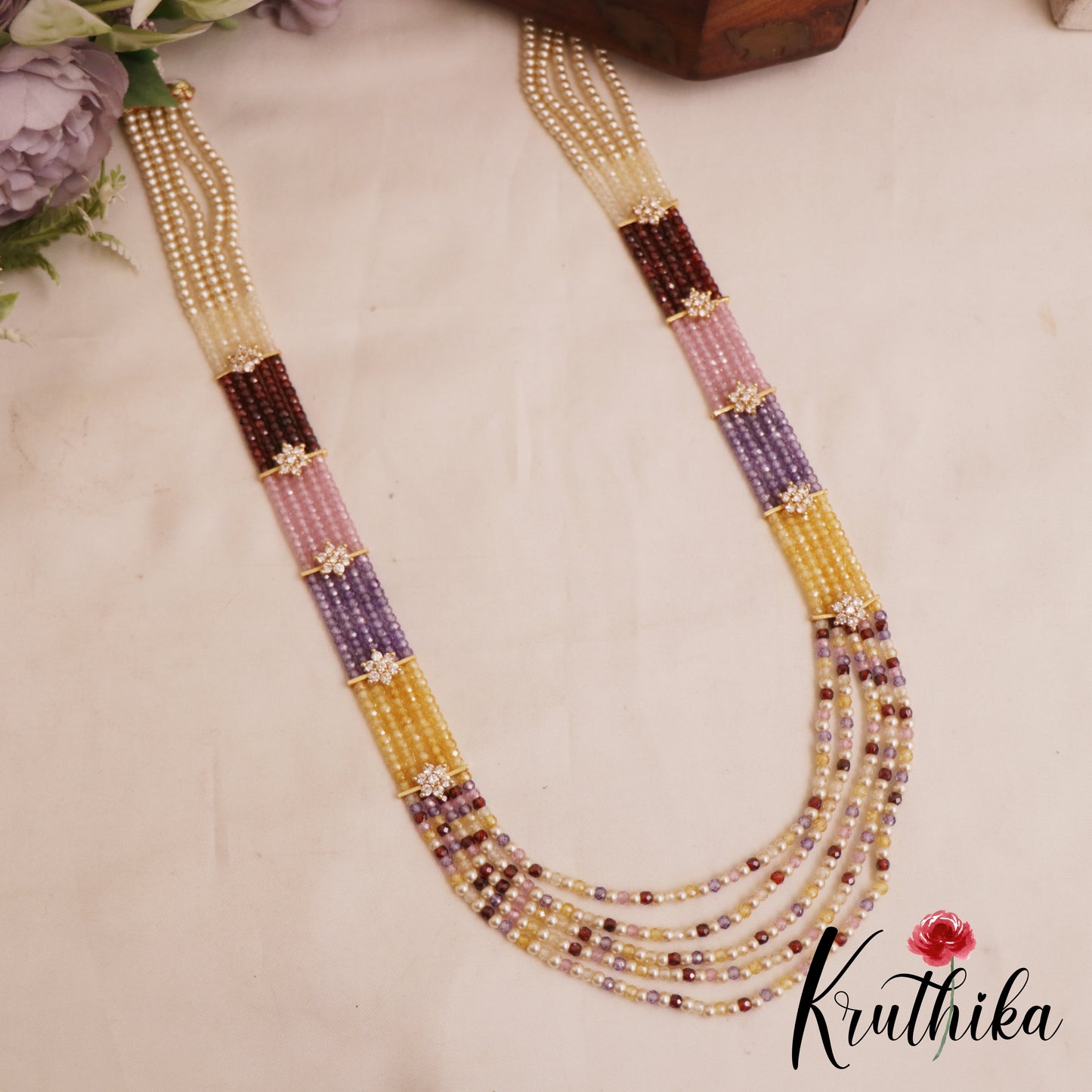 Sparkling Multi Layered crystal & Pearl statement Haaram with floral accents LH2081