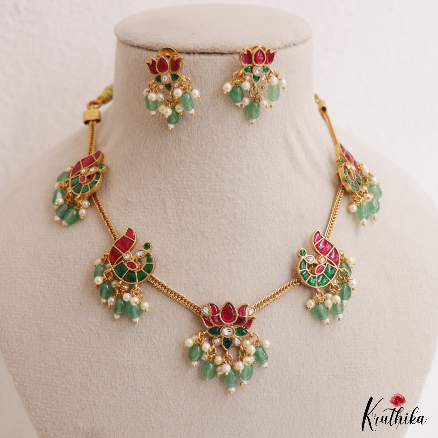 Pretty Lotus Peacock Motifs Jadau Necklace With Green Bead Drops NC3029