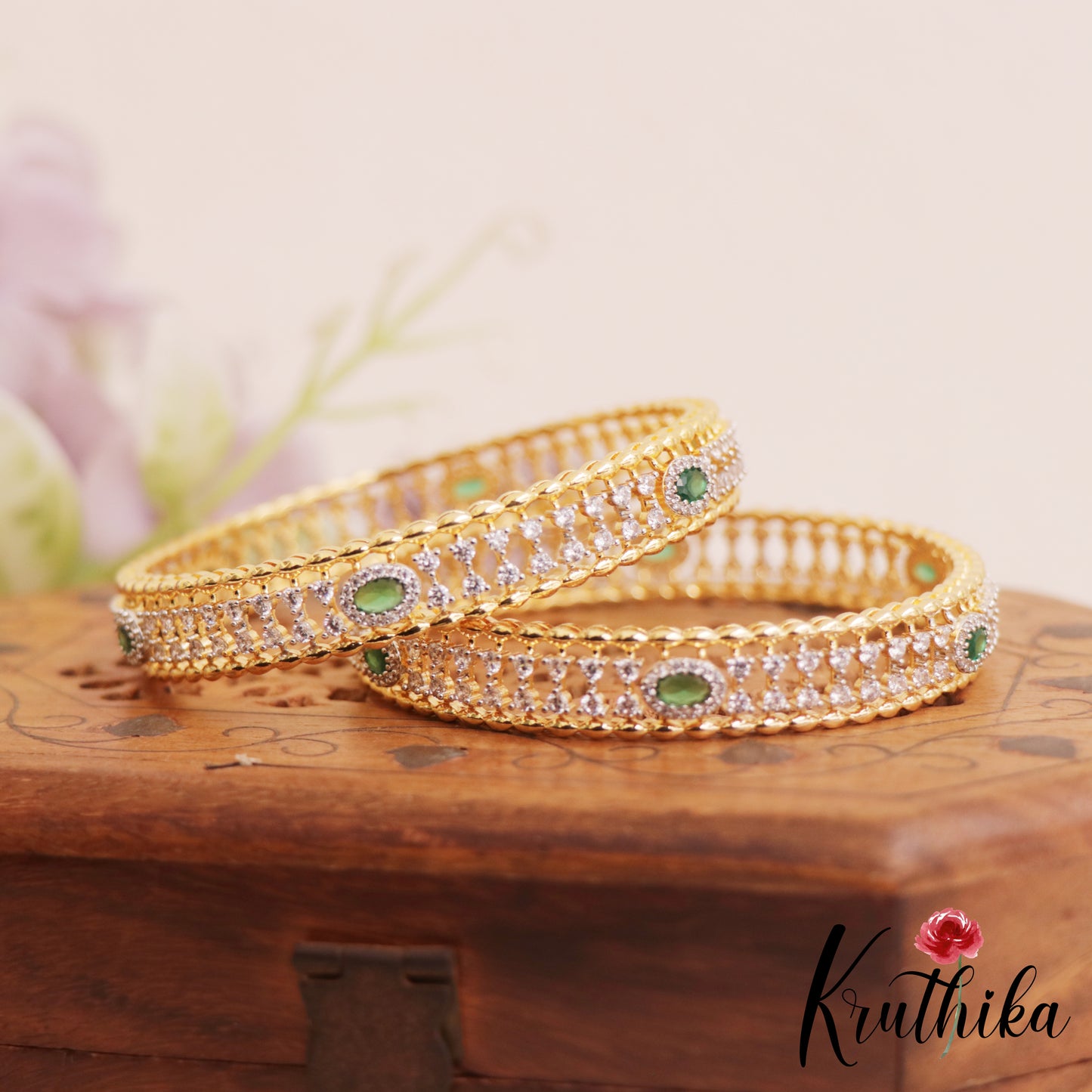 Beautiful Diamond-Finish Gold-Tone AD Bangles B521 (Set of 2)|(Available In 2 Colors)