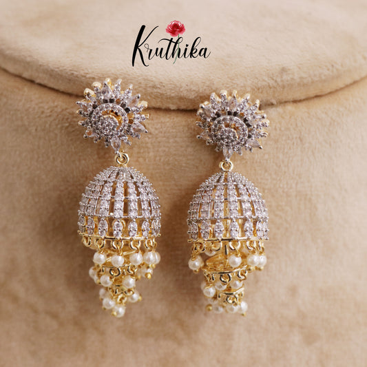 Trendy CZ Sparkling Jhumka with Pearls Drops E695