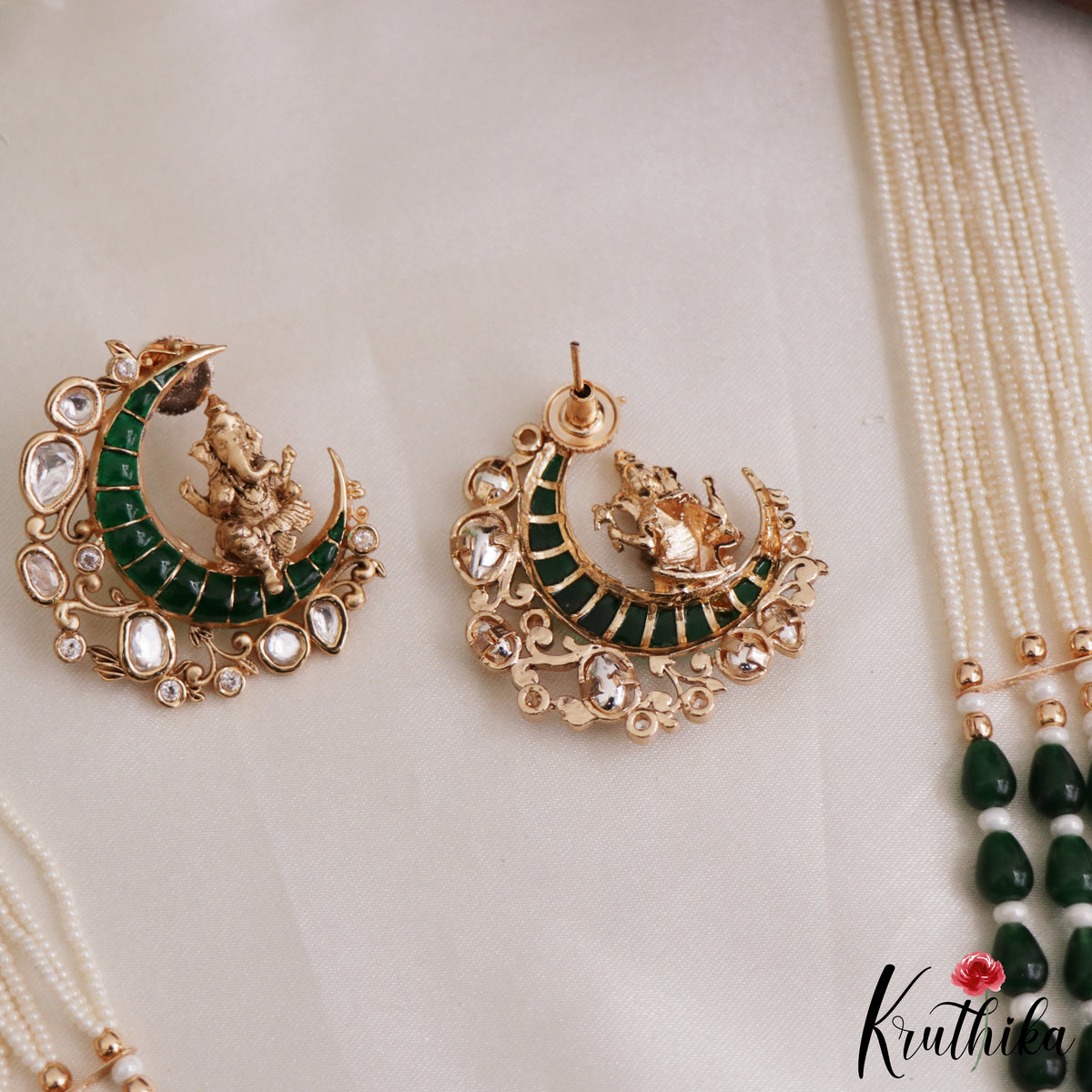 Premium Kundan Ganesha Green Beaded Necklace Set LH2223