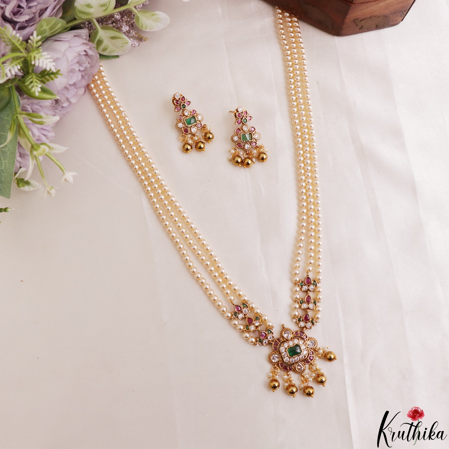 Elegant Multi Strand Pearl Chain With Kemp Square Teardrop Motifs Pendant LH2195 (Available In 3 Colors)