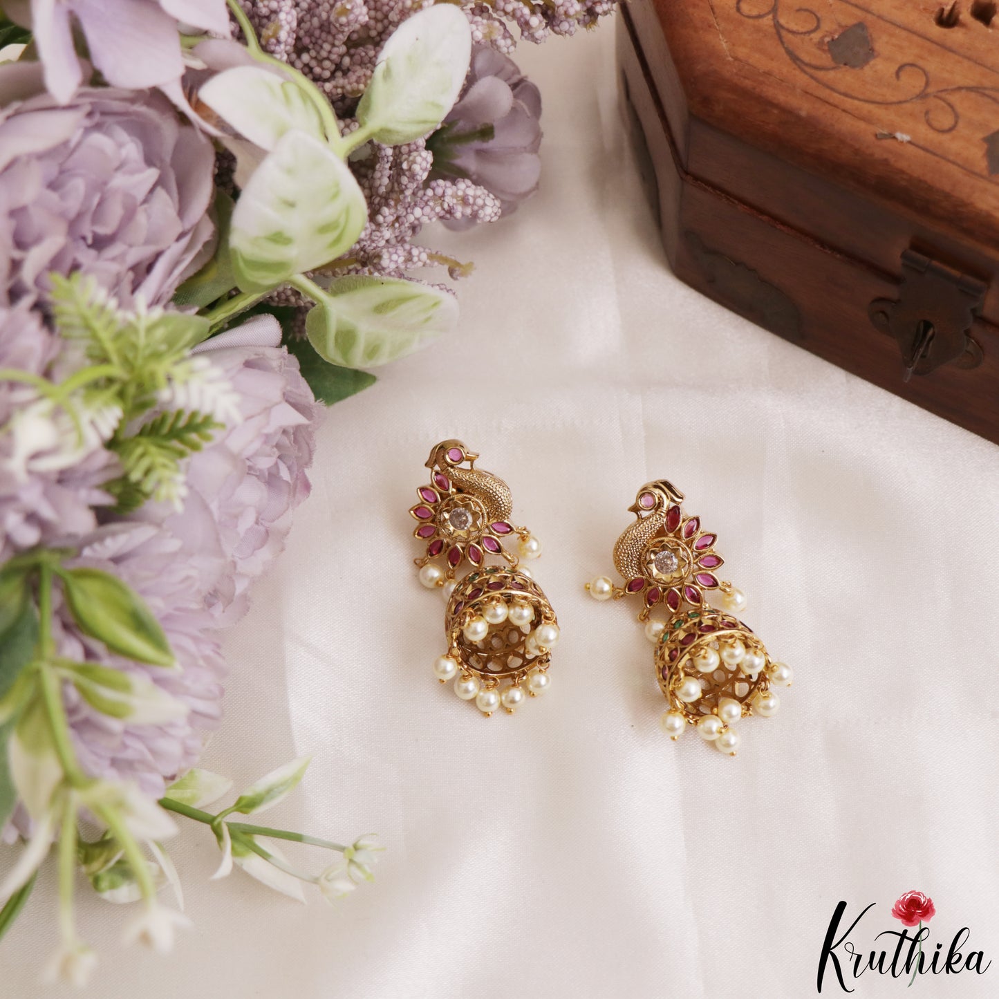 Classic Peacock Motifs Jhumkas With Pearl Drops E1214 (Available In 2 Colors)