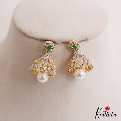 Pretty Teardrop Motifs AD Jhumkas With Pearl Drop E1097 (Available In 3 Colors)