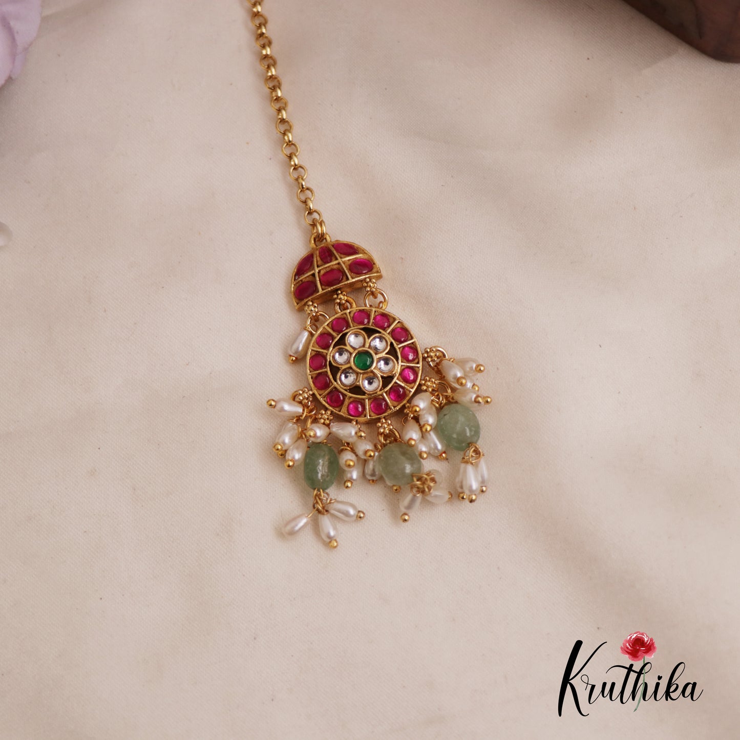 Beautiful Floral Jadau Maang Tikka With Bead And Pearl Drops MT307