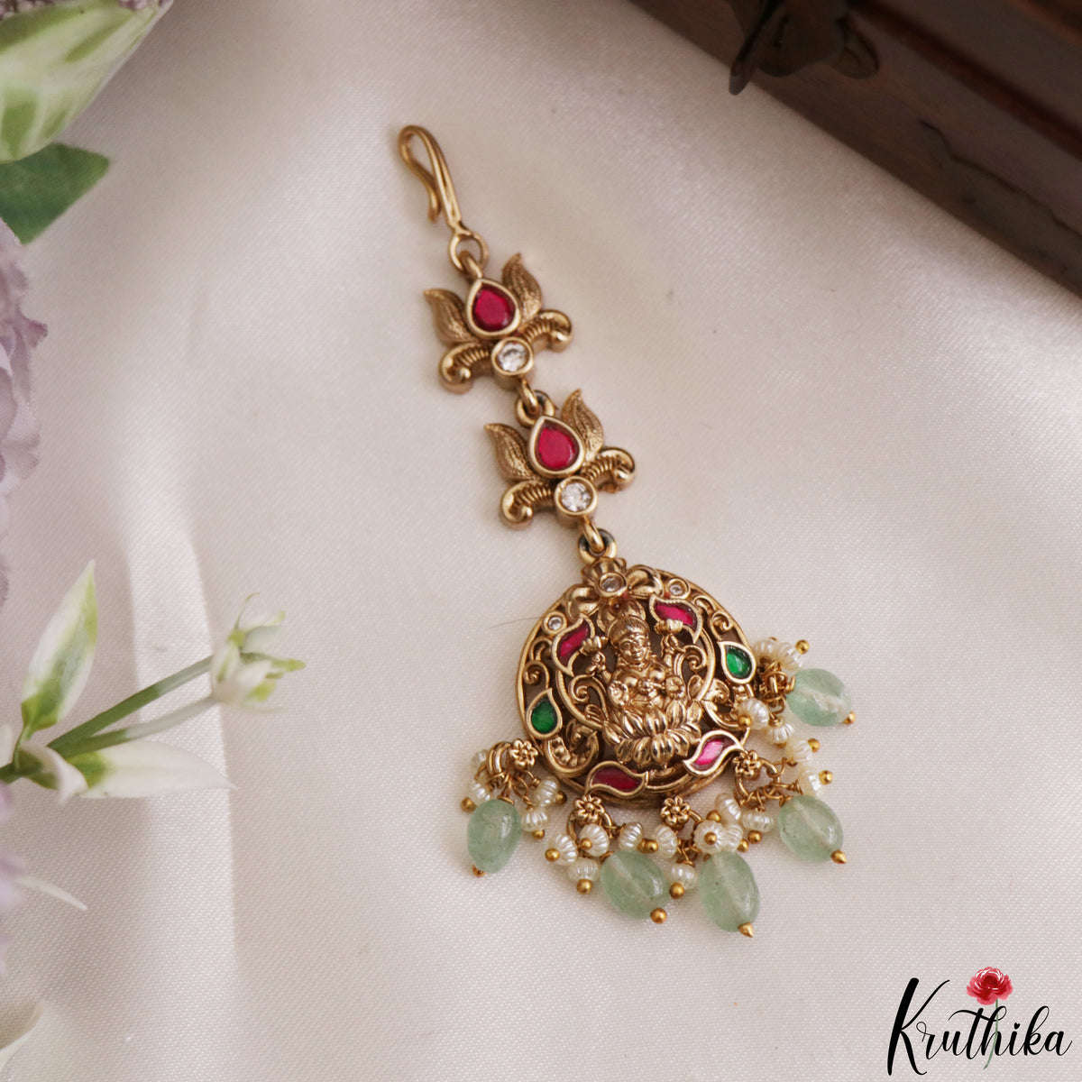 Elegant Antique Lakshmi Motifs Jadau Maang Tikka With Bead Drops MT399 (Available In 4 Colors)
