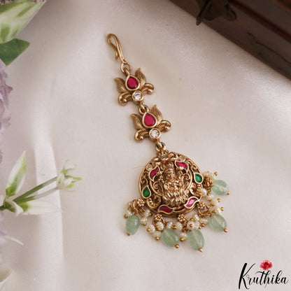 Elegant Antique Lakshmi Motifs Jadau Maang Tikka With Bead Drops MT399 (Available In 4 Colors)