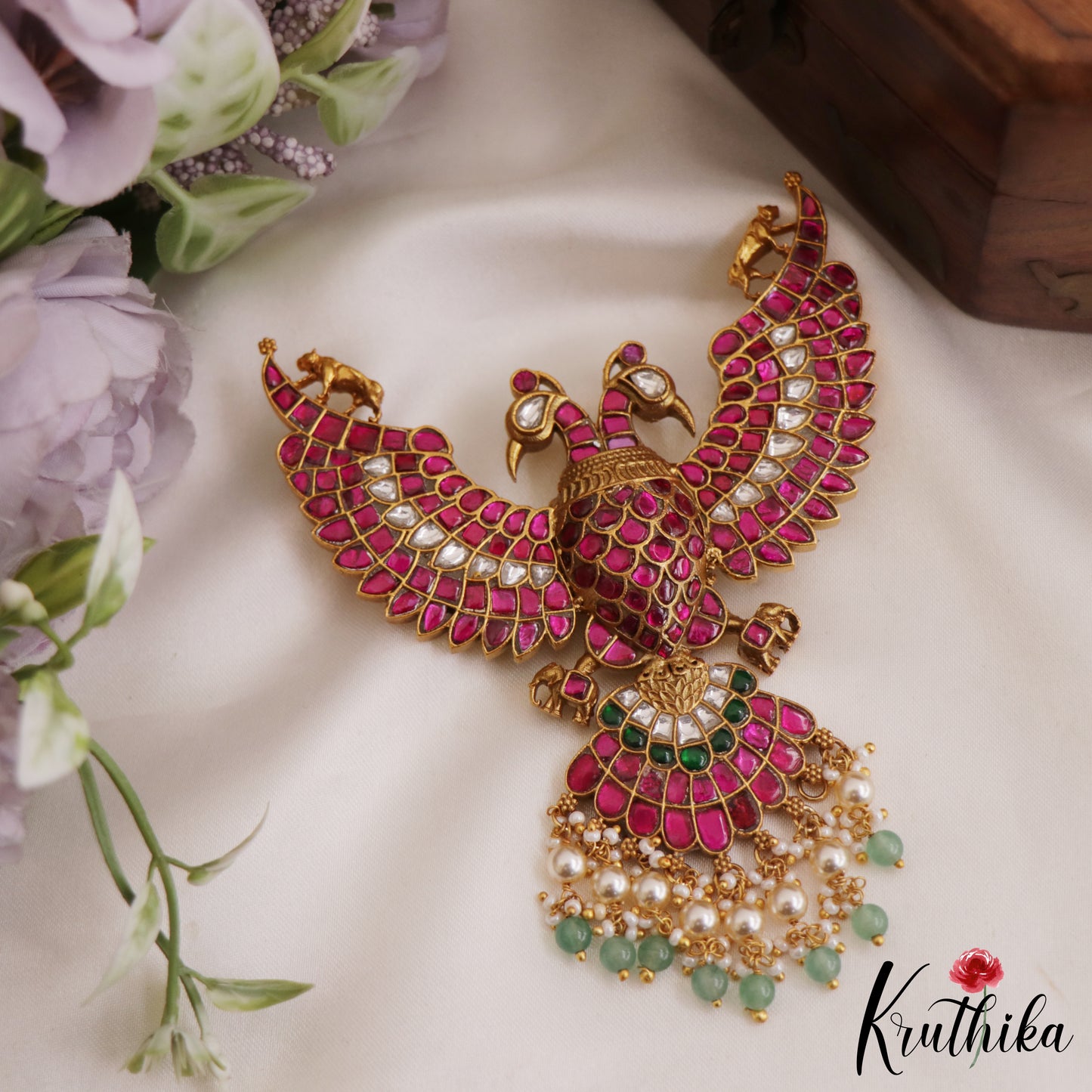 Royal Gandaberunda Jadau Pendant with Green Beads Drops PS257