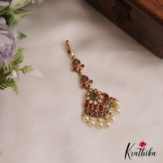 Elegant Floral Motifs Kemp Maang Tikka With Pearl Drops MT361