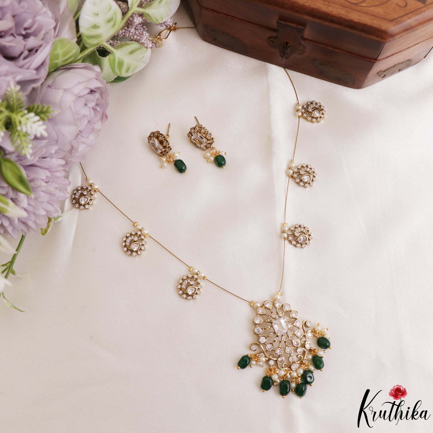 Trendy Floral Peacock Motifs CZ Invisible Chain With Green Bead Drops NC3249 (Available In 3 Colors)