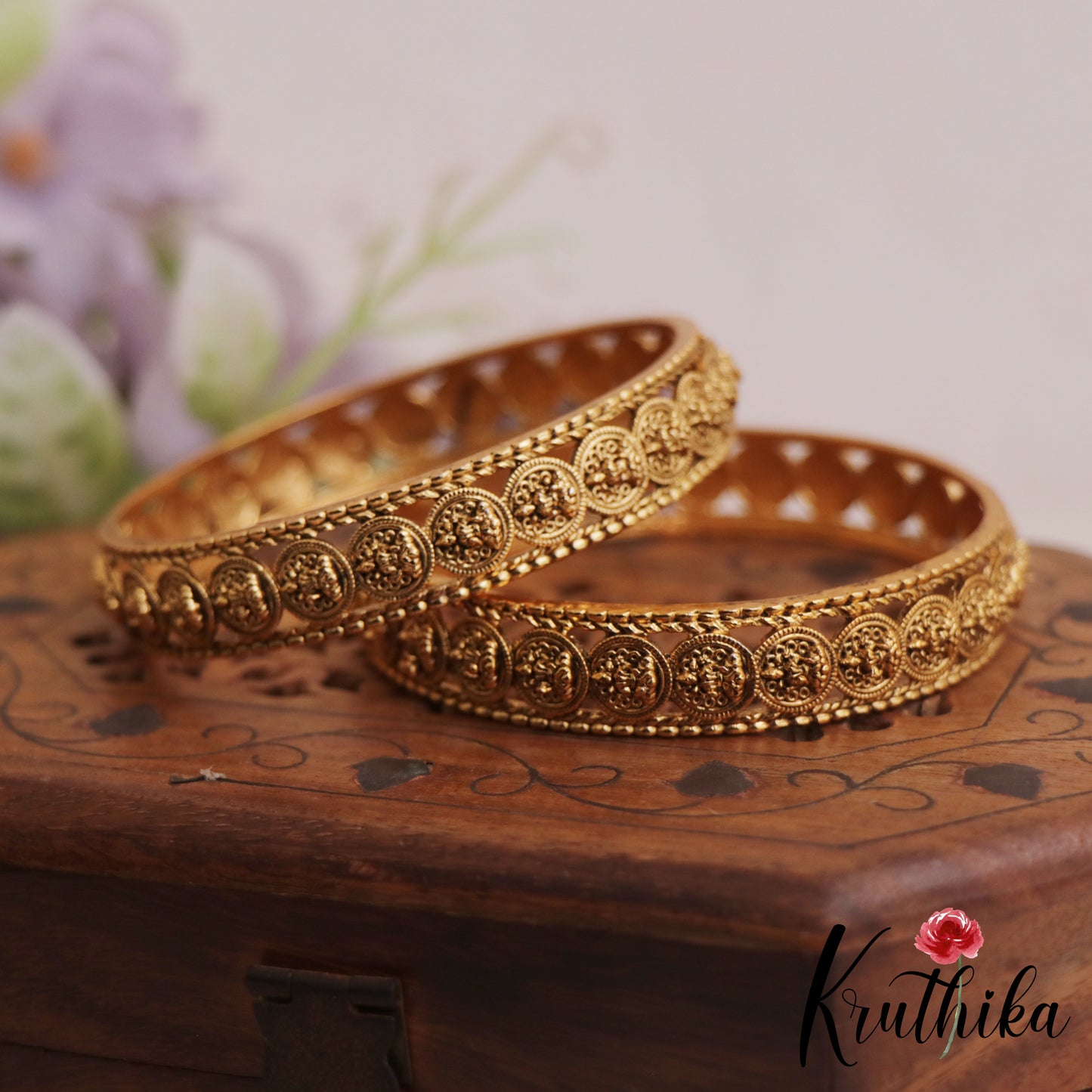 Traditional Antique Lakshmi Motifs Temple Bangles B525 (Set Of 2)