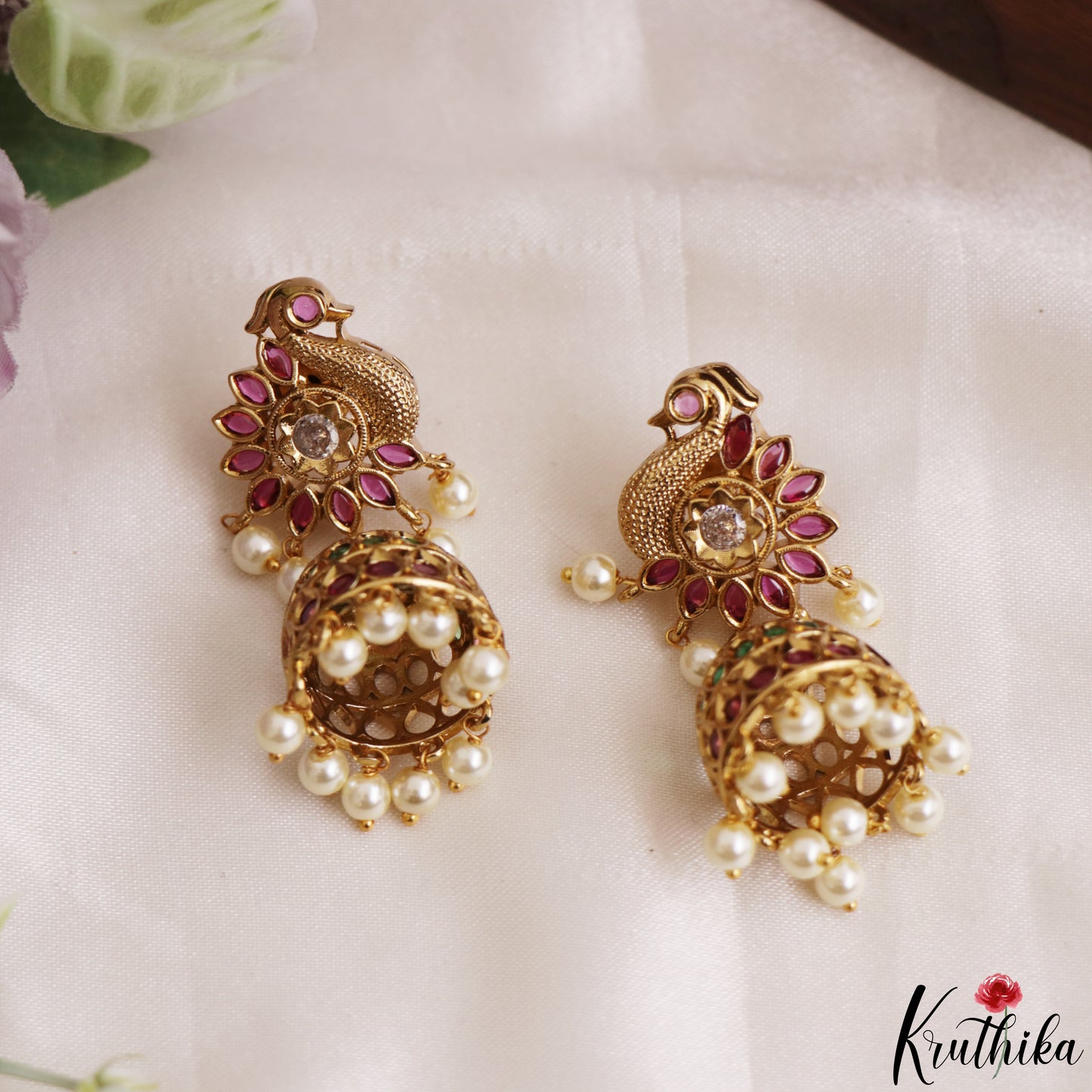 Classic Peacock Motifs Jhumkas With Pearl Drops E1214 (Available In 2 Colors)