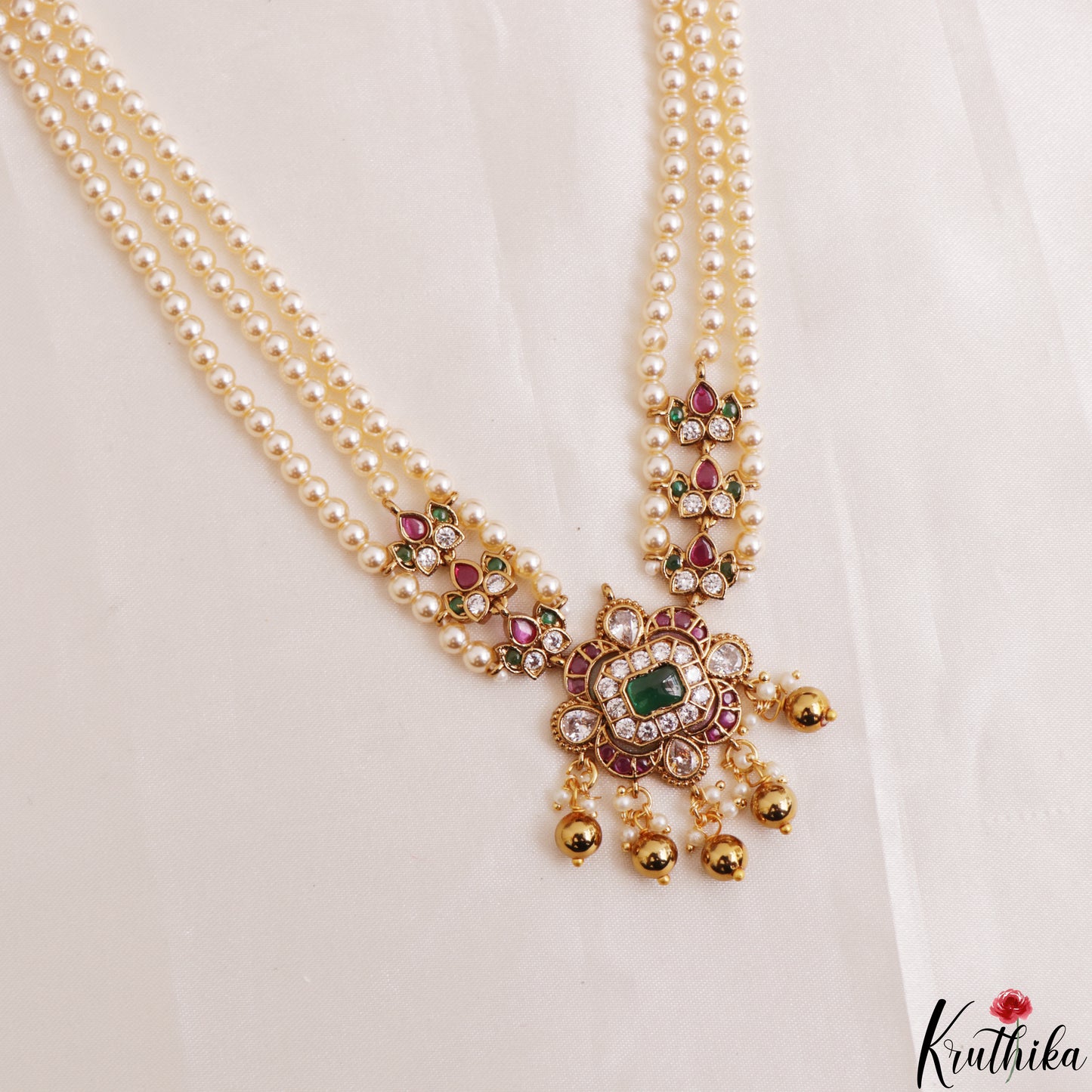 Elegant Multi Strand Pearl Chain With Kemp Square Teardrop Motifs Pendant LH2195 (Available In 3 Colors)